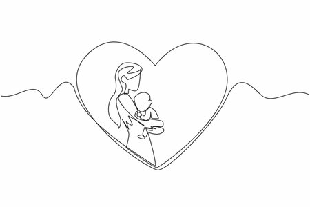 Single continuous line drawing mother hugs baby in the middle of her heart. The infinite happiness of being a young mother. Always be grateful. Family. Baby Day. One line design vector illustrationのイラスト素材
