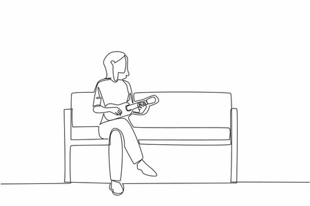Single continuous line drawing a woman sitting on a park bench playing the ukulele. Chasing away loneliness. Playing to entertain. National Play Your Ukulele Day. One line design vector illustrationのイラスト素材