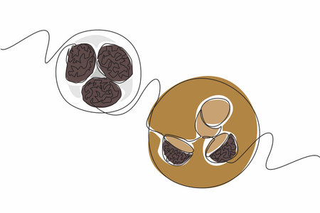 Single one line drawing some truffle pieces on round wooden cutting board. Raw materials to be processed. Delicious dishes. Mushroom. National Truffle Day. Continuous line design graphic illustrationのイラスト素材