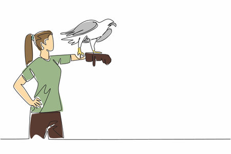 Continuous one line drawing sea ââeagle perched on hand of woman. Fish hunters, coastal predators and marine raptors. The strong claws. Woman Holding Bird. Single line draw design vector illustrationのイラスト素材