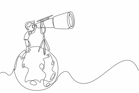 Single one line drawing boy looking through giant telescope at the moon. Studying the knowledge that exists in outer space. Scientist. National Space Day. Continuous line design graphic illustrationのイラスト素材