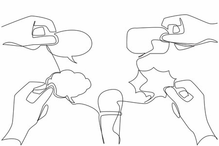 Single continuous line drawing a mic in the middle of 4 callouts of various shapes held by hand....