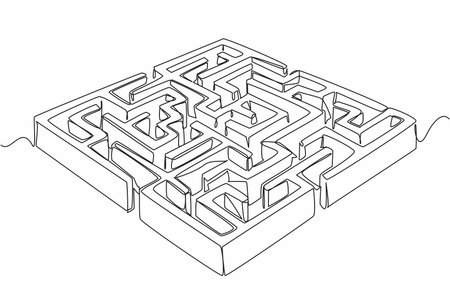 Continuous one line drawing wall labyrinth with several entrances and exits. Full of twists and turns. Calm the mind to find solution. World Labyrinth Day. Single line draw design vector illustrationのイラスト素材