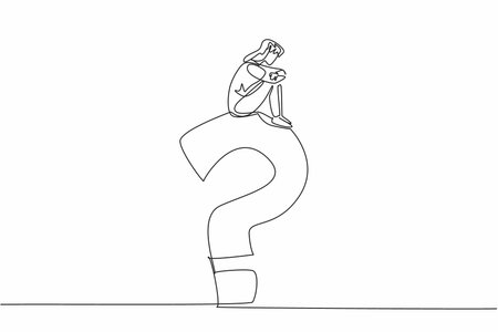 Single one line drawing woman in casual clothes sitting on big question mark while contemplating. Why be away from family. Homesick. National Day of Reason. Continuous line design graphic illustrationのイラスト素材
