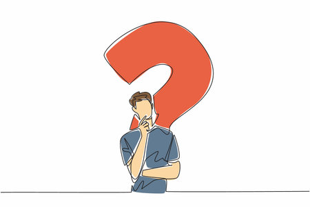 Single one line drawing man with thinking gesture with big question mark background. Thinking very hard to find a solution. Idea. National Day of Reason. Continuous line design graphic illustrationのイラスト素材