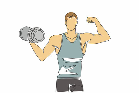 Single one line drawing a man poses while lifting dumbbell. Become active member at the gym. Maintain muscle mass. Stronger than ever. National Fitness Day. Continuous line design graphic illustrationのイラスト素材