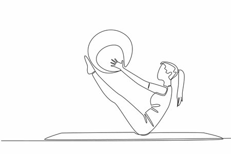 Single one line drawing woman posing with the help of fitness ball. Medicine ball. Helps muscles and spine. Training balance. Exercising. Pilates Day. Continuous line design graphic illustrationのイラスト素材