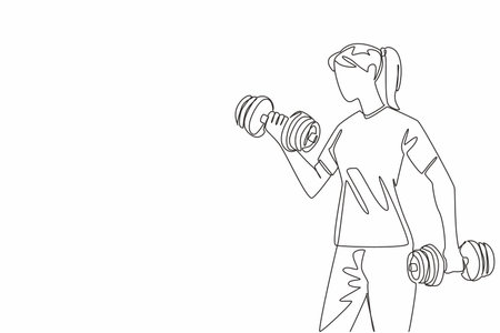 Single continuous line drawing a woman lifting dumbbells in each hand. Exercise to become stronger and healthier. Sweat. Gym. Needs of woman. National Fitness Day. One line design vector illustrationのイラスト素材