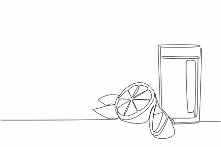 Single one line drawing a glass of orange juice and beside the glass there is an orange cut in half. Enjoying squeezed orange. National Orange Juice Day. Continuous line design graphic illustrationのイラスト素材