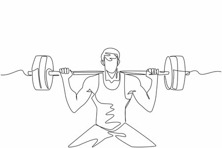 Continuous one line drawing man lifting a barbell on shoulders with both hands. Lifting with the help of muscle mass. The strong one. National Fitness Day. Single line draw design vector illustrationのイラスト素材
