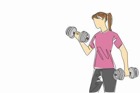 Single continuous line drawing a woman lifting dumbbells in each hand. Exercise to become stronger and healthier. Sweat. Gym. Needs of woman. National Fitness Day. One line design vector illustrationのイラスト素材