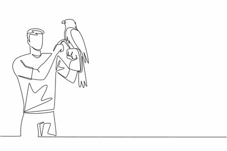 Single one line drawing eagle perched on hand of man. One of many large, thick billed, large footed birds of prey. Strong talons. Claws. Man Holding Bird. Continuous line design graphic illustrationのイラスト素材