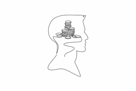 Single one line drawing head of a man with a pile of coins in the middle of his head. Small change will be put into the piggy bank. Inside the Head of Man. Continuous line design graphic illustrationのイラスト素材