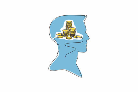 Single one line drawing head of a man with a pile of coins in the middle of his head. Small change will be put into the piggy bank. Inside the Head of Man. Continuous line design graphic illustrationのイラスト素材