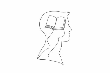 Continuous one line drawing the head of a man with an open book in the middle of his head. High knowledge. Like a walking book. Inside the Head of Man. Single line draw design vector illustrationのイラスト素材