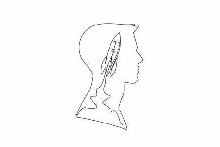 Single one line drawing head of man with rocket in the middle of head with cloud of smoke. Symbol of modern thinking for progress. Inside the Head of Man. Continuous line design graphic illustrationのイラスト素材