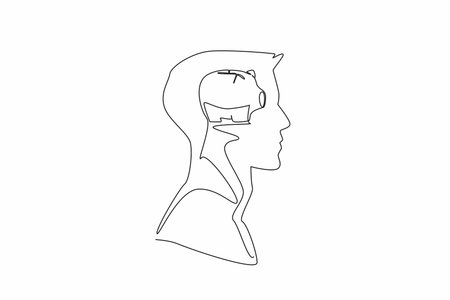 Single one line drawing the head of a young man with a piggy bank in the middle of his head. Investing for financial freedom. Save. Inside the Head of Man. Continuous line design graphic illustrationのイラスト素材
