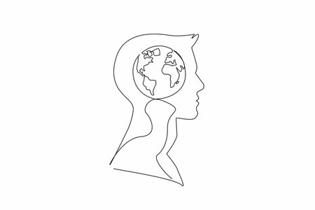 Continuous one line drawing the head of a young man with a globe in the middle of his head. Taking sides with the earth. Greening. Inside the Head of Man. Single line draw design vector illustrationのイラスト素材