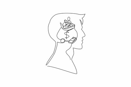 Single one line drawing head of man with an open money bag in the middle of his head. The best place to save money is to invest it. Inside the Head of Man. Continuous line design graphic illustrationのイラスト素材
