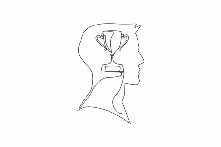 Single continuous line drawing head of a man with a trophy in the middle of his head. Always think about being a champion. The ambitious. Inside the Head of Man. One line design vector illustrationのイラスト素材