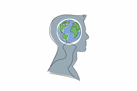 Continuous one line drawing the head of a young man with a globe in the middle of his head. Taking sides with the earth. Greening. Inside the Head of Man. Single line draw design vector illustrationのイラスト素材