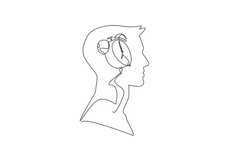 Continuous one line drawing the head of a man has an alarm clock in the middle of his head. Thinking about the many work deadlines. Inside the Head of Man. Single line draw design vector illustrationのイラスト素材