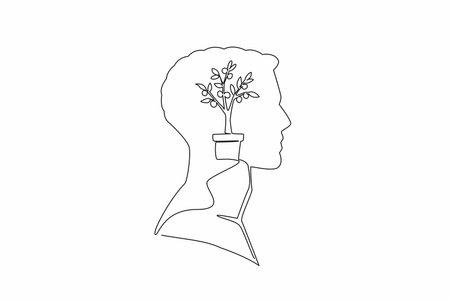 Single continuous line drawing the head of a man with a money tree in a pot in the middle of his head. Profitable investment. Success. Rich. Inside the Head of Man. One line design vector illustrationのイラスト素材
