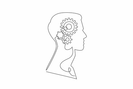 Single one line drawing the head of a man with a gear in the middle of his head. Resetting the brain. Trying to be more innovative. Inside the Head of Man. Continuous line design graphic illustrationのイラスト素材
