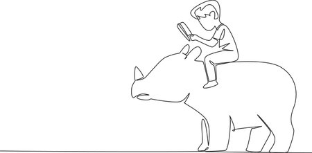 Continuous one line drawing boy reading book on cute rhinoceros. Read about one of the largest remaining megafauna. Nerd. Boy Reading Book at Animal Back. Single line draw design vector illustrationのイラスト素材