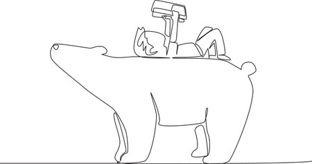 Single continuous line drawing boy reading book on cute polar bear. Lying on back reading book. Increase knowledge in relaxed way. Boy Reading Book at Animal Back. One line design vector illustrationのイラスト素材