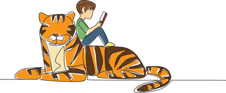 Single continuous line drawing boy reading book on cute tiger. The student who is repeating the subject. Studying. Smart. The nerd. Boy Reading Book at Animal Back. One line design vector illustrationのイラスト素材