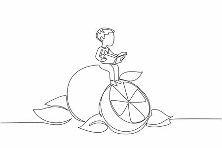 Continuous one line drawing young boy reading on orange. Reading while practicing the knowledge gained. The nerd. Boy Reading Book at Vegetables and Fruits. Single line draw design vector illustrationのイラスト素材