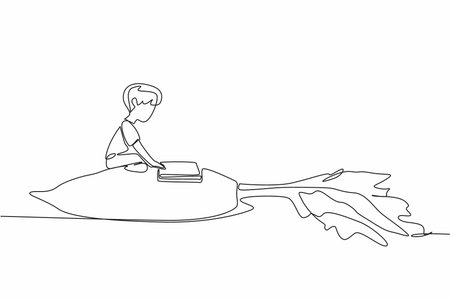 Single one line drawing boy reading on white radish with its leaves. Learn how to grow white radish without fail. Boy Reading Book at Vegetables and Fruits. Continuous line design graphic illustrationのイラスト素材