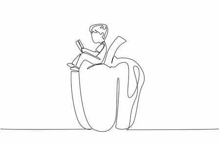 Single continuous line drawing boy reading on peppers. Learn the theory of how to become a profitable paprika farmer. Boy Reading Book at Vegetables and Fruits. One line design vector illustrationのイラスト素材
