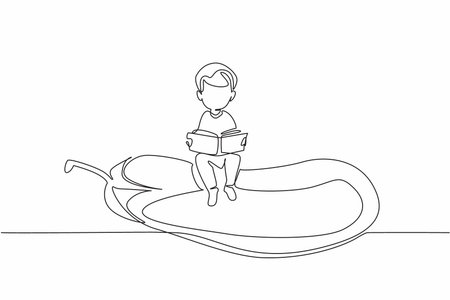 Single continuous line drawing boy reading on eggplant. Read tips for successfully planting and caring for eggplants. Boy Reading Book at Vegetables and Fruits. One line design vector illustrationのイラスト素材
