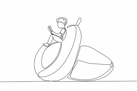 Continuous one line drawing boy reading reading on a cut avocado. Sit back, read seriously. Learn anywhere. Boy Reading Book at Vegetables and Fruits. Single line draw design vector illustrationのイラスト素材
