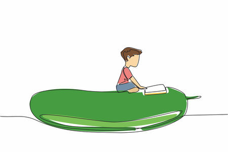 Continuous one line drawing boy reading on cucumber. Reading on a giant cucumber shaped pillow. Calm and focused. Boy Reading Book at Vegetables and Fruits. Single line draw design vector illustrationのイラスト素材