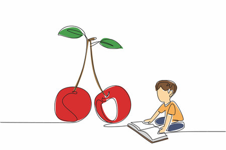 Single one line drawing boy reading next to cherry. Learn anytime, anywhere. Even during harvest time. The nerd. Boy Reading Book at Vegetables and Fruits. Continuous line design graphic illustrationのイラスト素材