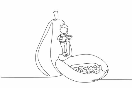 Single one line drawing boy reading while standing on partially cut papaya. Aspire to be a horticultural expert. Boy Reading Book at Vegetables and Fruits. Continuous line design graphic illustrationのイラスト素材