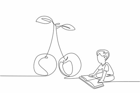 Single one line drawing boy reading next to cherry. Learn anytime, anywhere. Even during harvest time. The nerd. Boy Reading Book at Vegetables and Fruits. Continuous line design graphic illustrationのイラスト素材