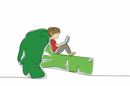 Single continuous line drawing boy reading on broccoli. Studying agricultural science from an early age. Eager to learn. Boy Reading Book at Vegetables and Fruits. One line design vector illustrationのイラスト素材