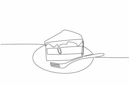 Continuous one line drawing chocolate layer cake covered in chocolate on small plate with small fork. Favorite of many ages. National Chocolate Custard Day. Single line draw design vector illustrationのイラスト素材