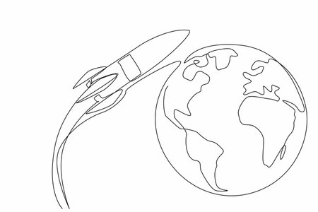 Continuous one line drawing rocket flying and beside it is a globe. Space expedition completed. Back to earth. Knowledge about the moon. National Space Day. Single line draw design vector illustrationのイラスト素材