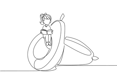 Continuous one line drawing girl reading on a cored avocado. Read carefully before processing avocados. Juice. Girl Reading Book at Vegetables and Fruits. Single line draw design vector illustrationのイラスト素材