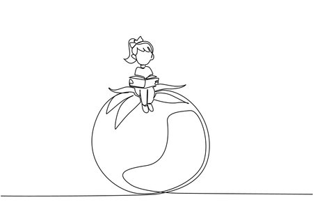 Continuous one line drawing young girl reading on tomato. Lose concentration in reading. Focus on fresh fruit. Girl Reading Book at Vegetables and Fruits. Single line draw design vector illustrationのイラスト素材