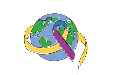 Single continuous line drawing bladder cancer awareness campaign ribbons around the globe. Healthy life. More meaningful life. Caring. Bladder Cancer Awareness Day. One line design vector illustrationのイラスト素材