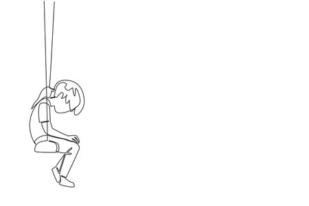 Single continuous line drawing girl sitting hunched over on a swing. Victim of bullying. No place to tell stories. Loneliness. Childhood Depression Awareness Day. One line design vector illustrationのイラスト素材
