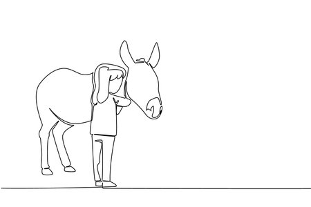Single continuous line drawing girl is hugging donkey. Both are funny. Love livestock. Admire fighting spirit. Simple happiness. Friendly. Cute. World Donkey Day. One line design vector illustrationのイラスト素材