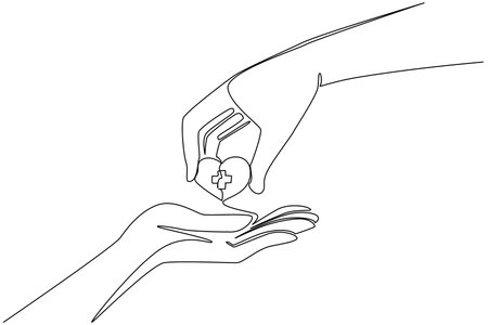 Single continuous line drawing hand is giving a heart with a plus sign in the middle to the other hand. Caring for each other. Donation. Love. World Red Cross Day. One line design vector illustrationのイラスト素材