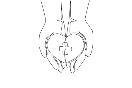 Single one line drawing open palm and there is a heart with a plus sign in the middle. Symbol of caring for others. Charity. Donate. World Red Cross Day. Continuous line design graphic illustrationのイラスト素材